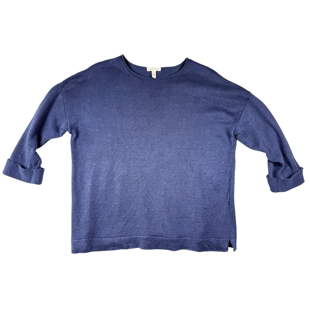 Eileen Fisher 100% Organic Linen Knit Sweater M Navy Blue Lagenlook Boho Coastal
